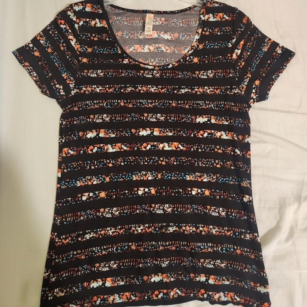LuLaRoe Women's Short Sleeve Scoop Neck Striped Floral T-Shirt Multicolor